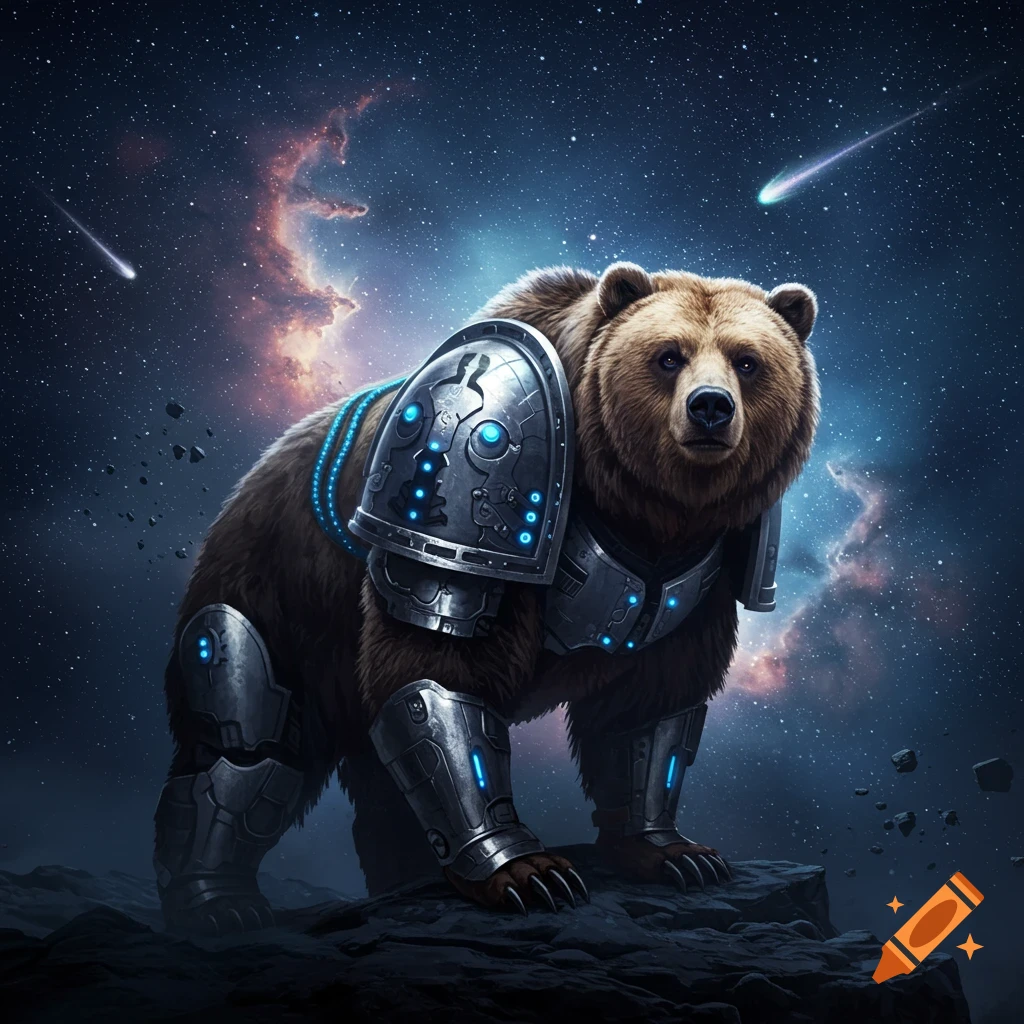 A photorealistic bear in futuristic space marine armor with glowing blue lights stands on a rocky planet under a starry nebula sky with meteors.