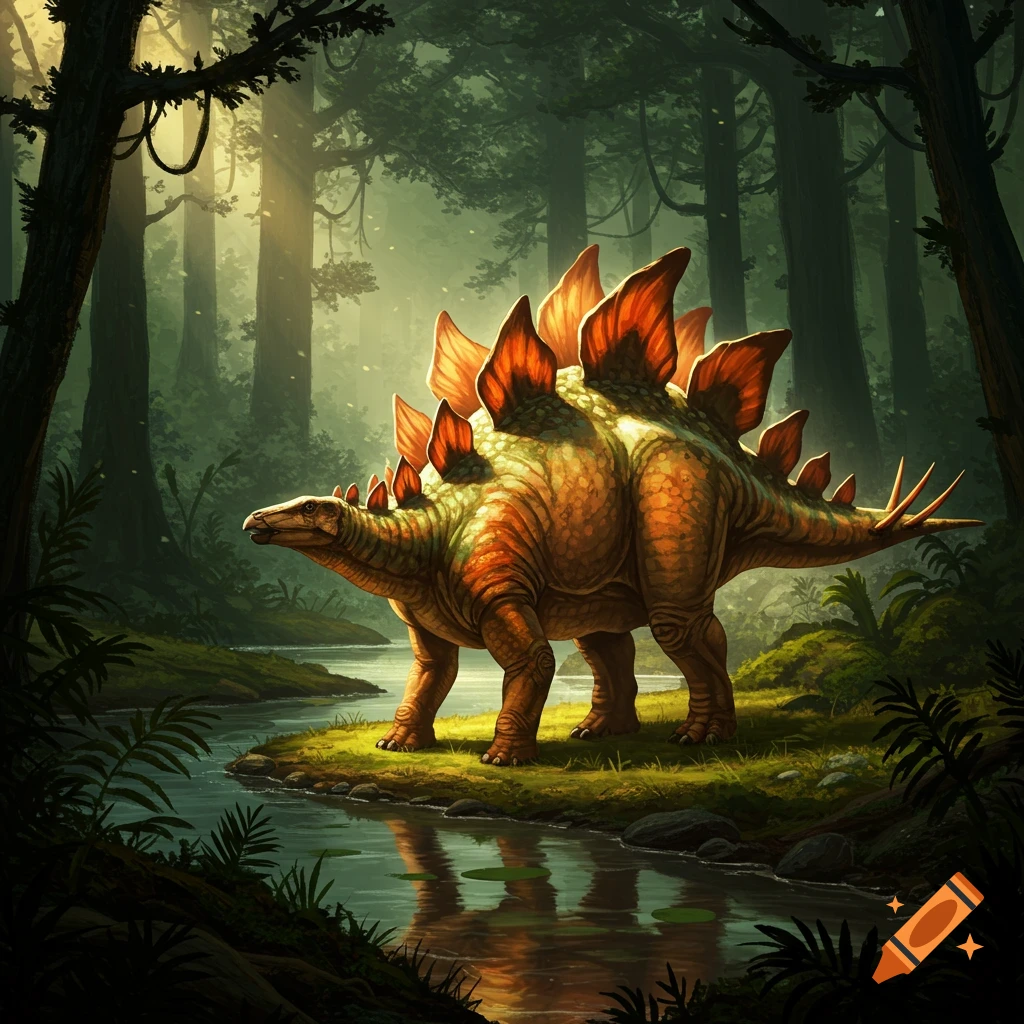 A majestic stegosaurus stands by a river in a lush, sun-dappled prehistoric forest in a detailed illustration.