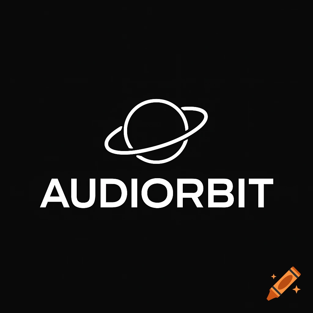 Minimalist white logo for 'AUDIORBIT' with a simple abstract Saturn icon on a black background.