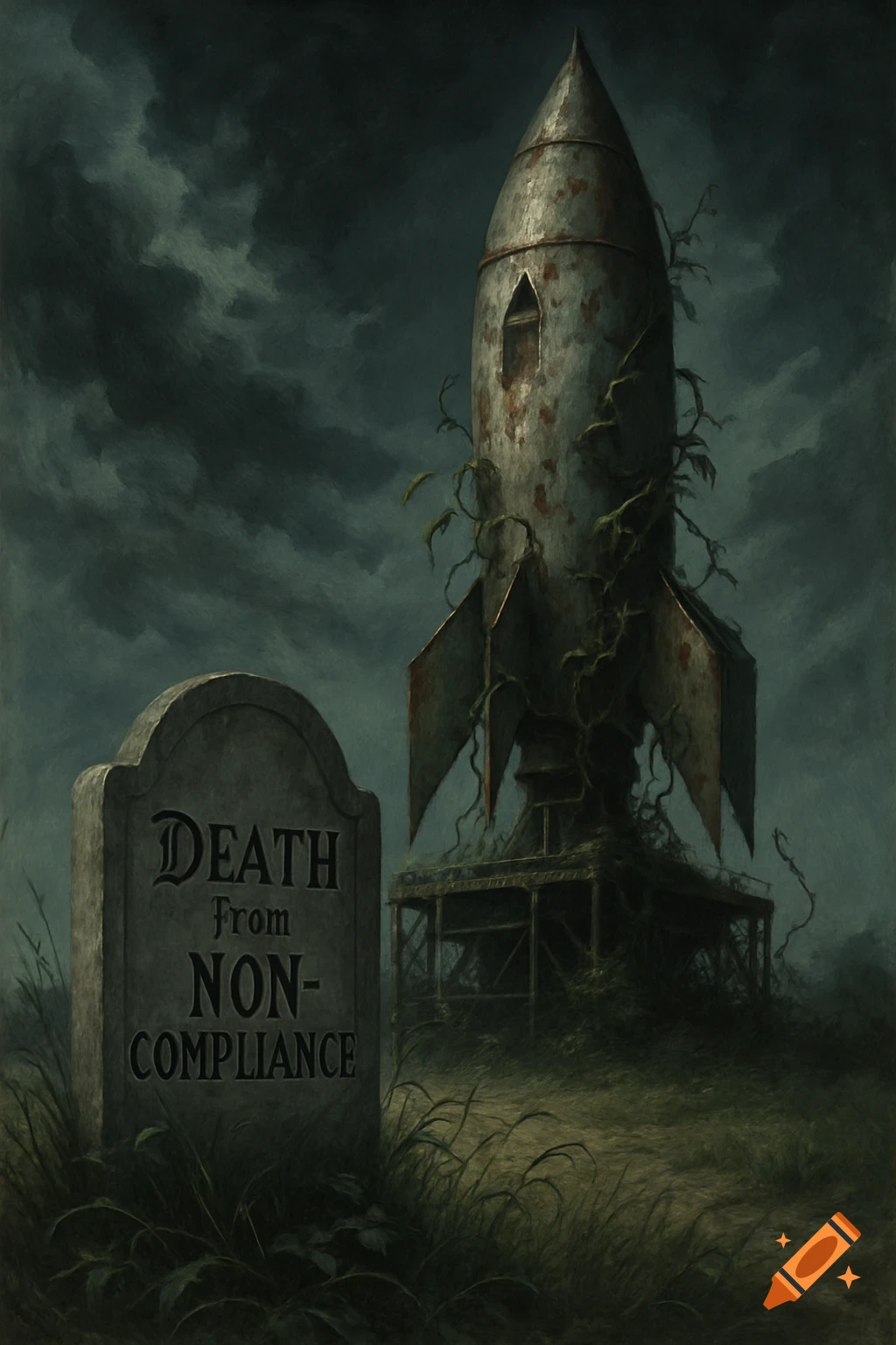 A rusty, vine-covered rocket on a launchpad next to a tombstone inscribed 'Death from Non-Compliance' under a dark sky, in a painterly style.