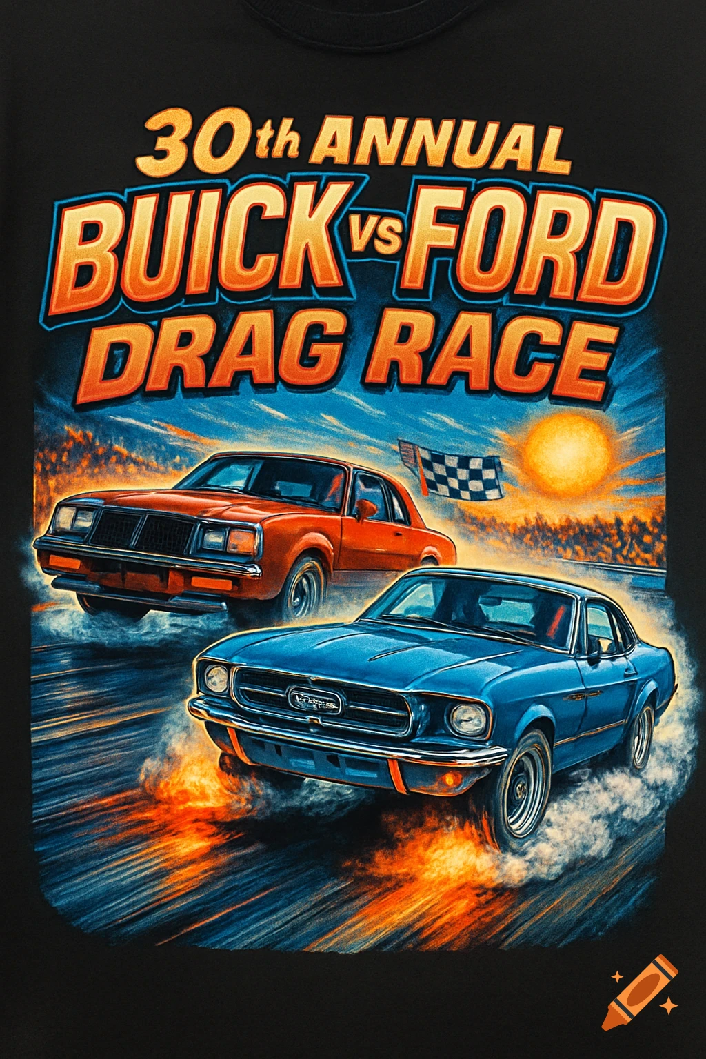 Vibrant graphic design for a shirt: an orange Buick and a blue Ford drag racing with smoke and fire under a checkered flag.