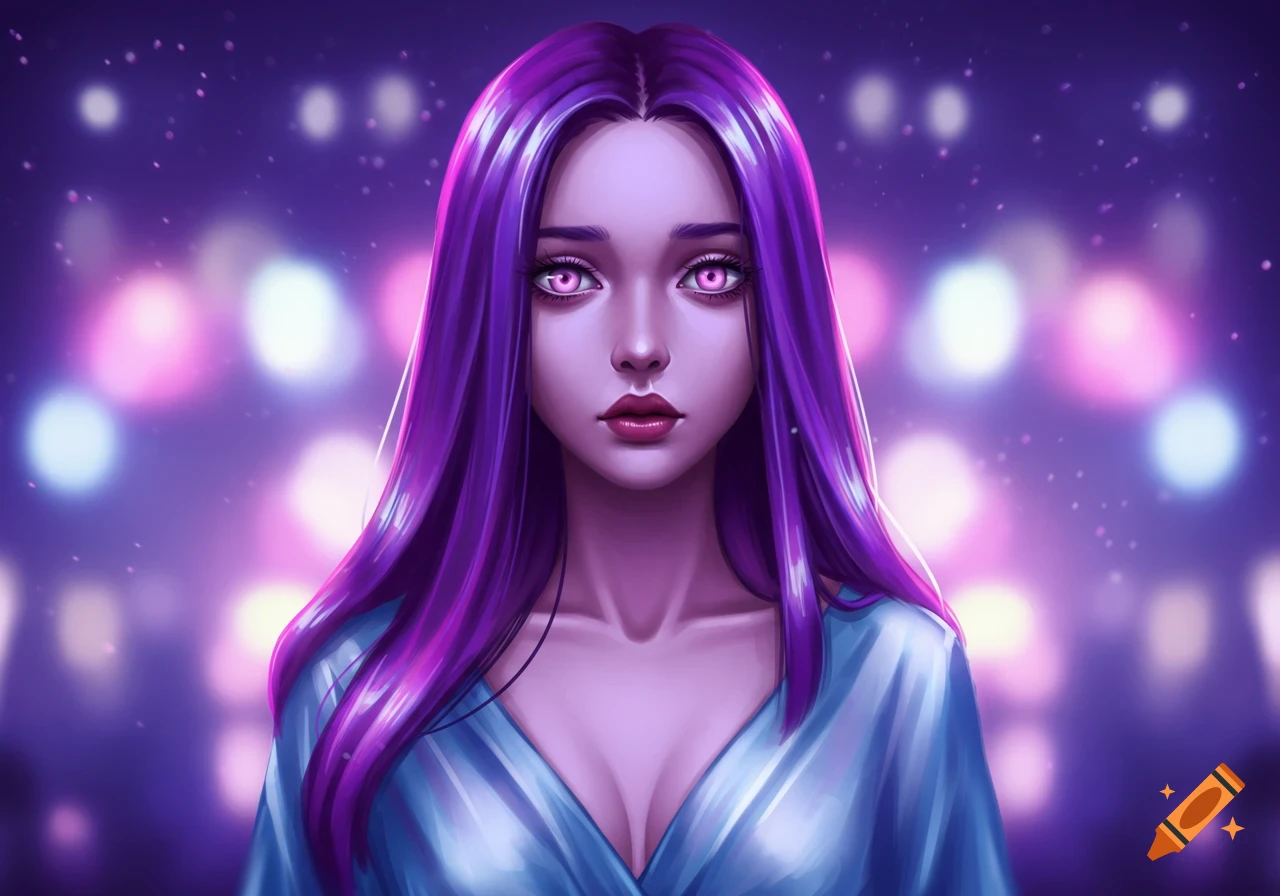 Digital art portrait of a woman with long purple hair, pink eyes, and a blue dress, against a blurry purple background with bokeh lights.