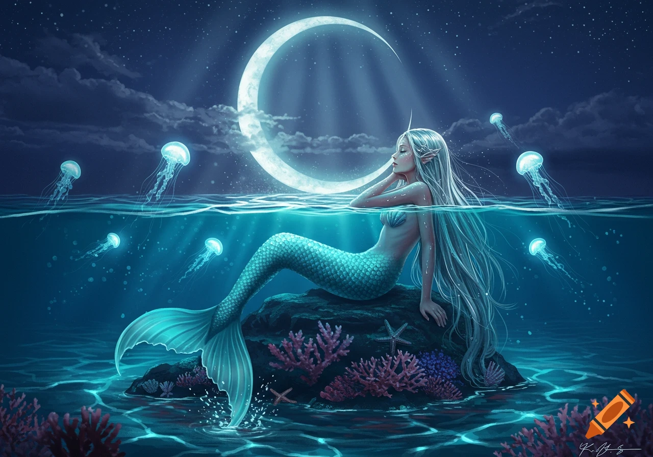 A beautiful mermaid with long flowing hair rests on a rock under a crescent moon, surrounded by glowing jellyfish and coral.