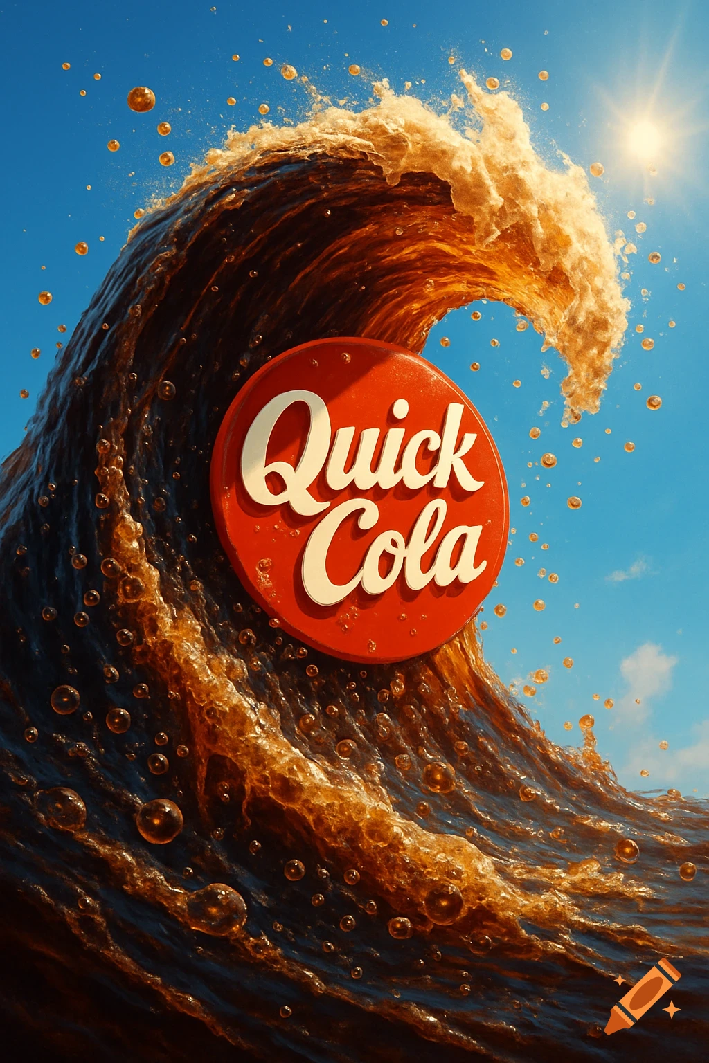 A foamy dark brown cola wave with bubbles cresting against a blue sky, featuring a red 'Quick Cola' logo in the center.