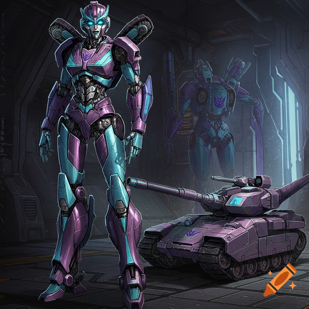 A purple and teal female Transformer robot stands next to a matching tank in a futuristic hangar, with another robot in the background.