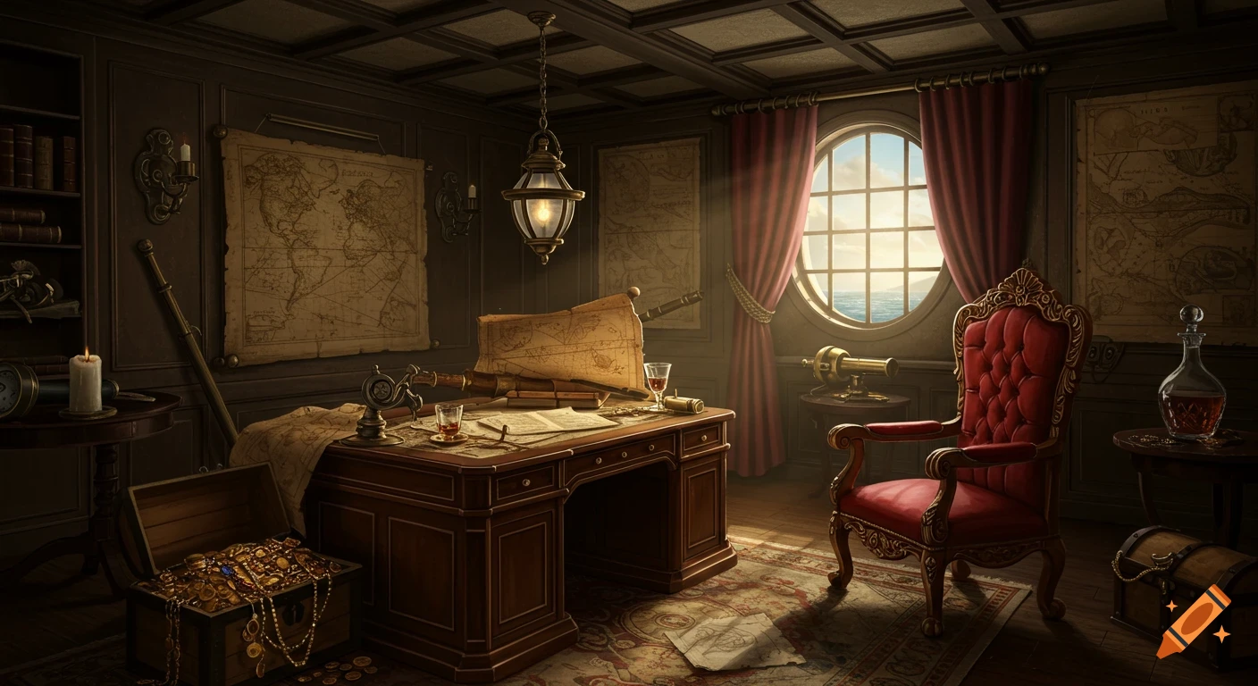 A richly decorated pirate captain's cabin with a large wooden desk, maps, a treasure chest, and a round window looking out to sea.