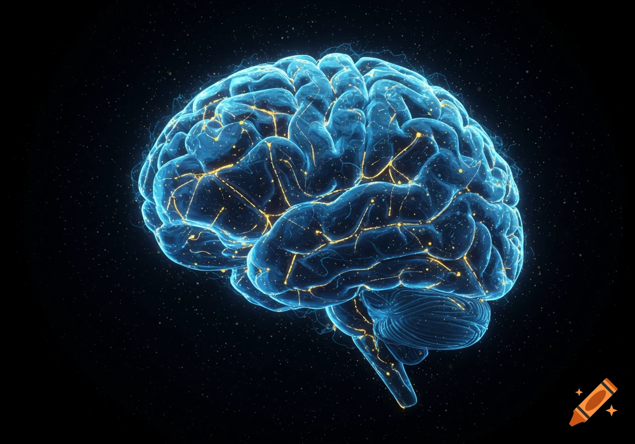 A glowing blue digital human brain with yellow neural network connections against a dark, starry background.