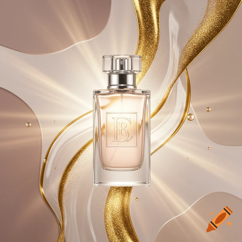 Elegant perfume bottle with a 'B' logo, surrounded by shimmering gold glitter and flowing abstract shapes on a luminous background.
