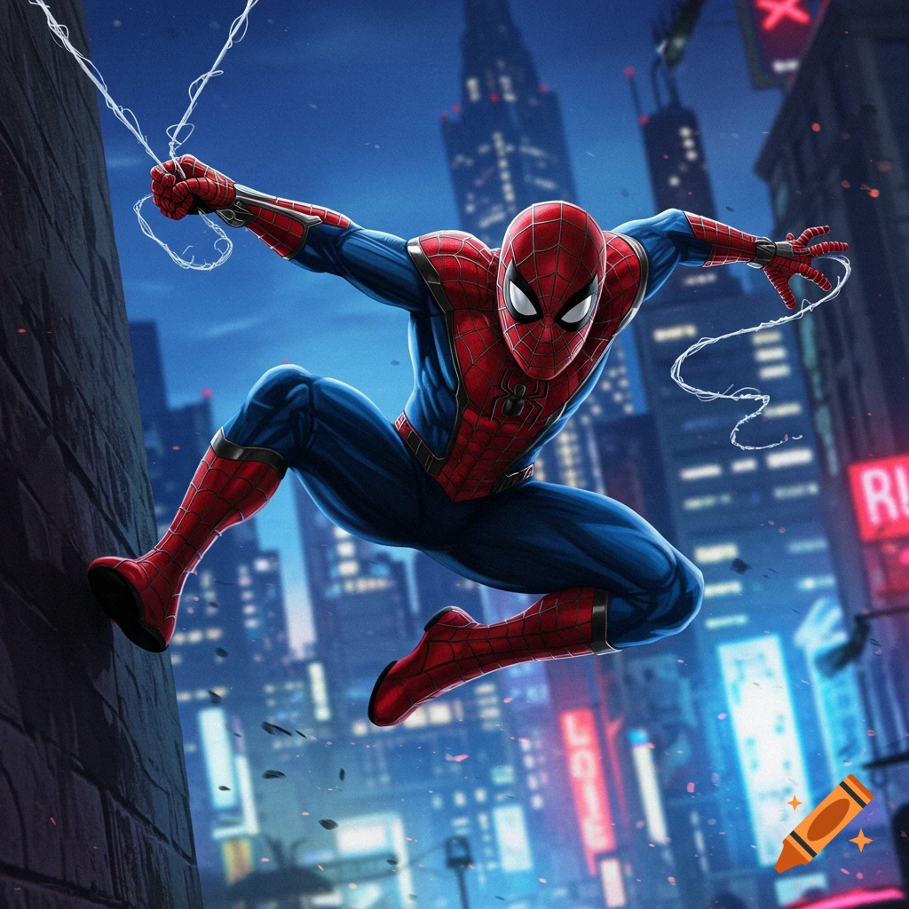 Spider-Man in a red and blue suit leaps in a city at night, shooting webs from his wrist.