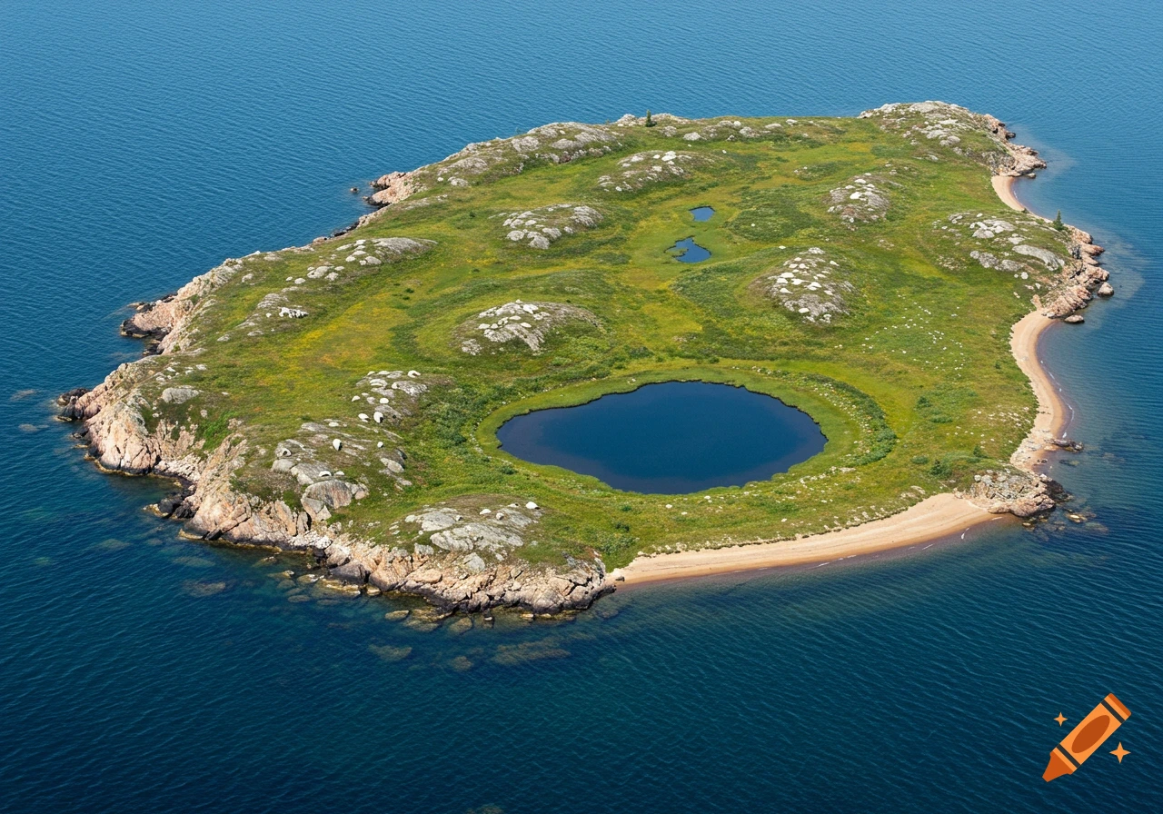 Aerial view of a green island with rocky coasts, sandy beaches, and a central pond, surrounded by blue water.