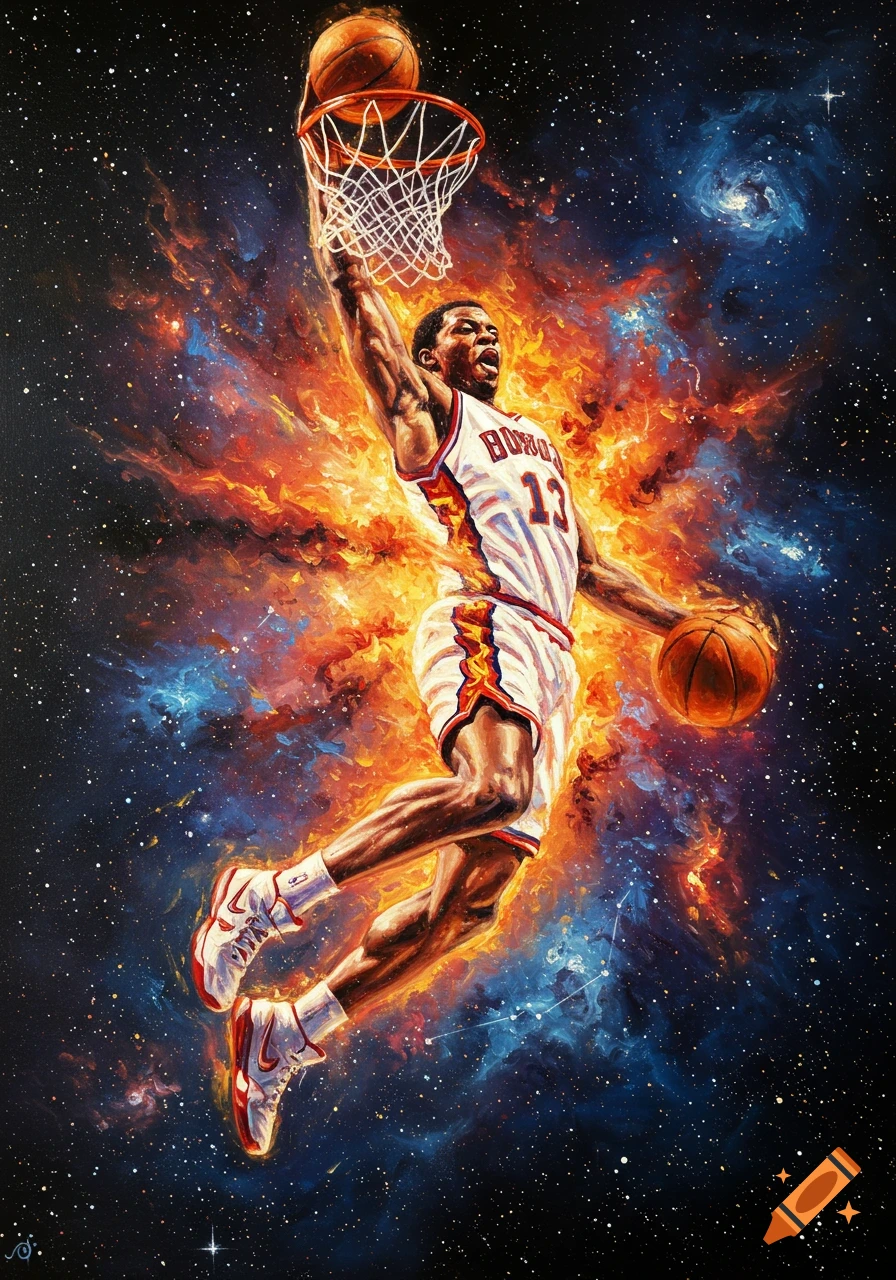 An expressive oil painting of a basketball player mid-dunk, enveloped in a fiery, colorful nebula explosion in space.
