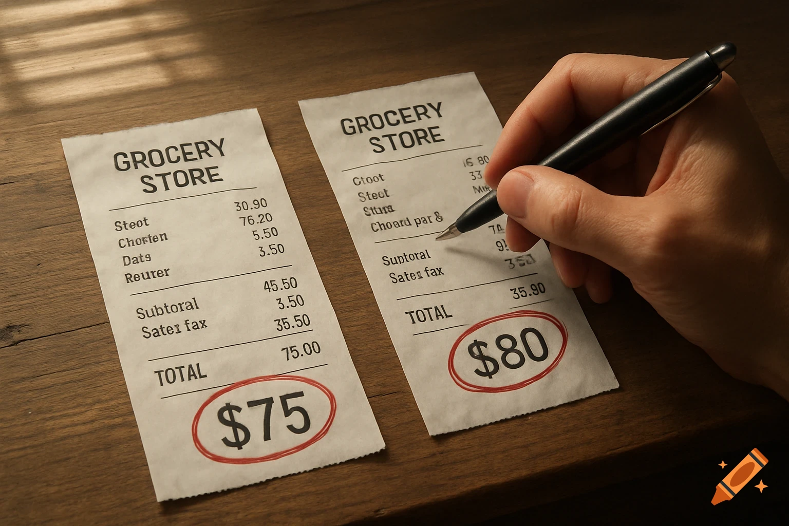 Two grocery receipts, one $75, one $80, on a wooden table with a hand holding a pen, photorealistic.