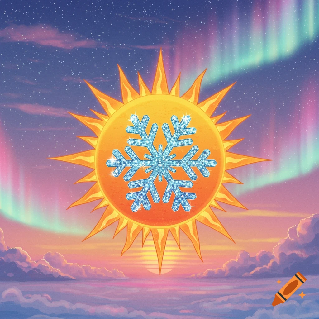 A vibrant cartoon illustration shows an orange sun with a blue glittery snowflake over a sunset sky with pink and green aurora.