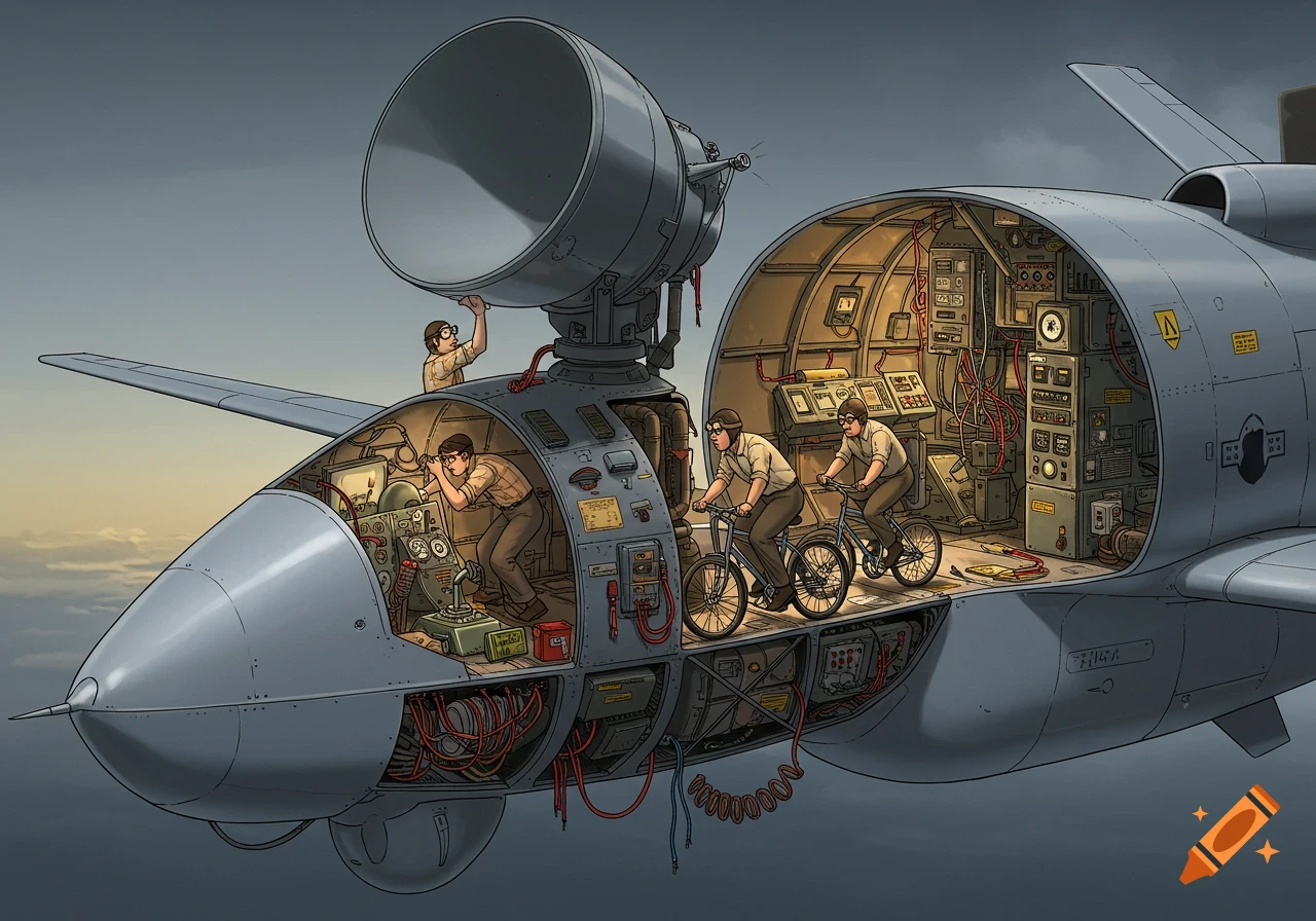 A comical cross-section of an airplane, showing men in glasses and shirtsleeves operating primitive technology. One holds a radar dish, two pedal bicycles to power the engine, and another controls the cockpit.