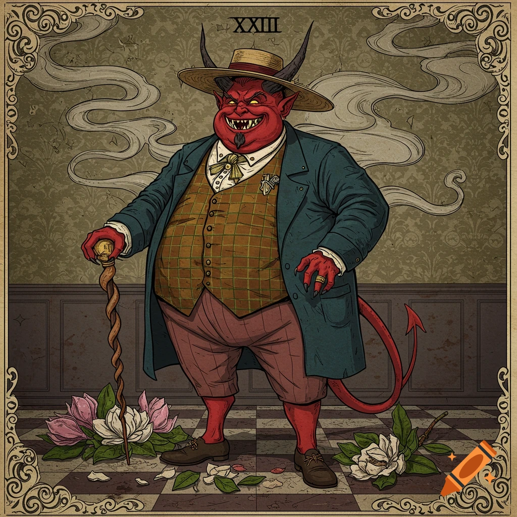A portly red devil with horns, a tail, and sharp teeth, dressed in a straw hat, plaid vest, and teal coat, holding a walking stick, stands in a room with patterned wallpaper, framed like a tarot card, with a Roman numeral XXIII at the top.