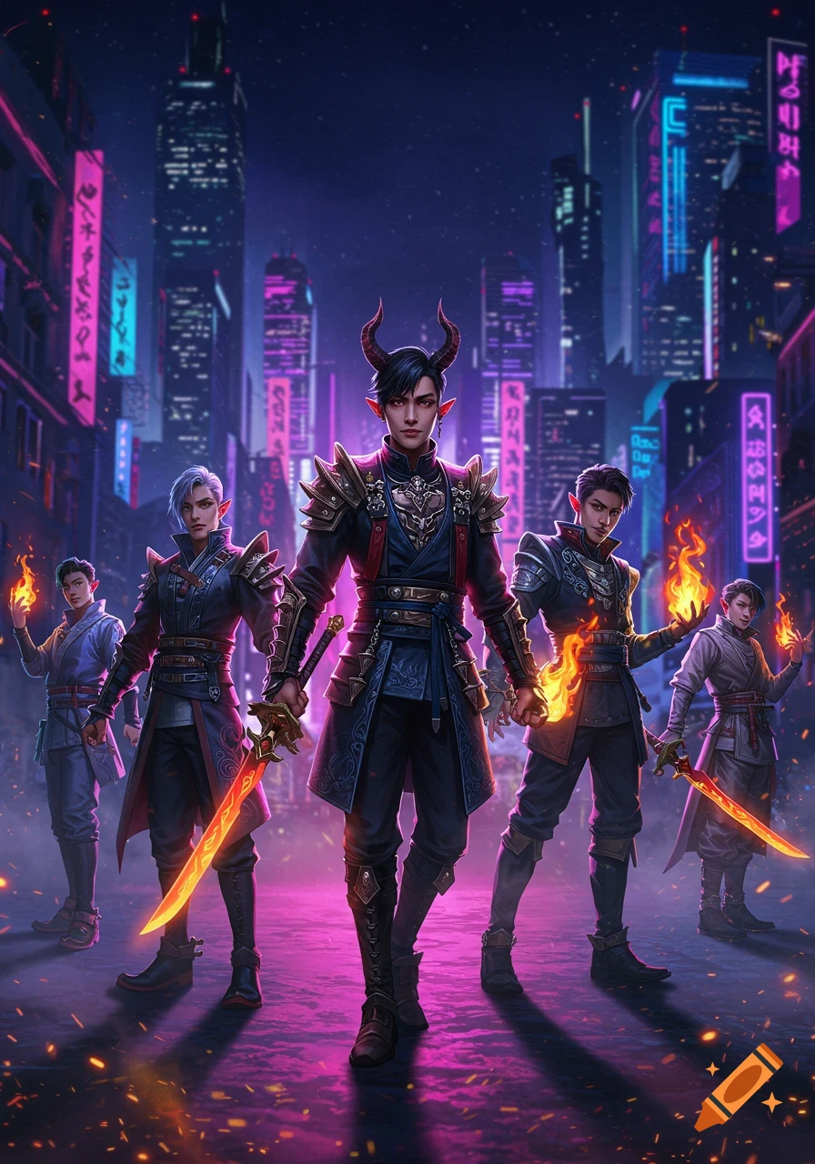 Five male demon hunters with glowing swords and fire stand in a neon-lit cyberpunk city at night, in a dynamic fantasy art style.