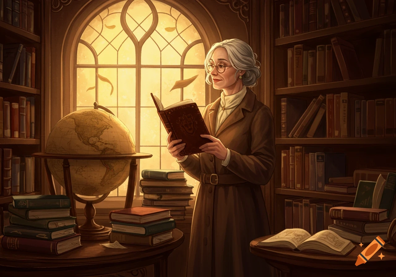 A gray-haired woman reads a book in a cozy library with a globe, surrounded by bookshelves and warm light from a large window. Illustrated style.