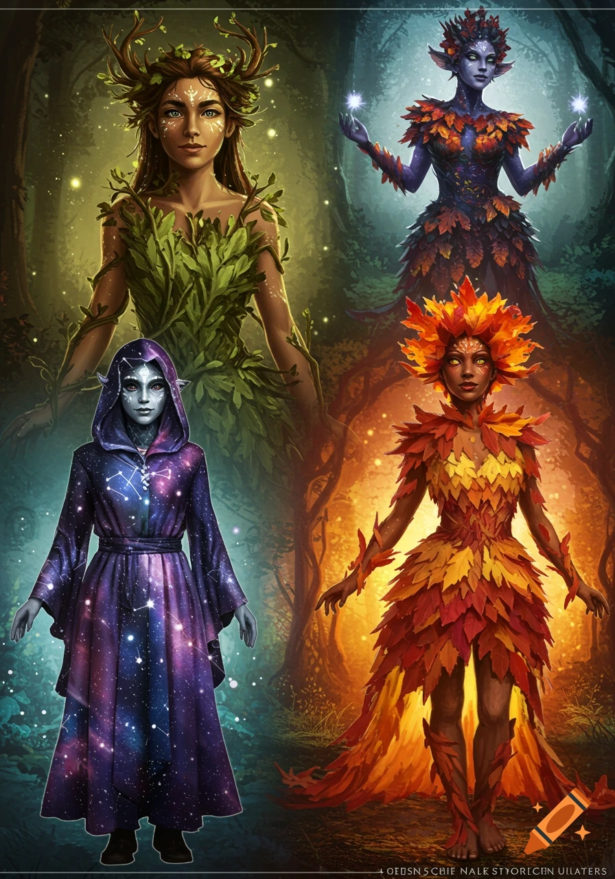 Four detailed fantasy women, each embodying an element: one with green leaves, one with dark leaves, one with fiery leaves, and one in a starry robe.