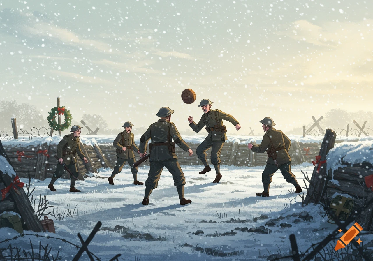 WWI soldiers play football in a snowy trench adorned with Christmas decorations, in an illustrated style.
