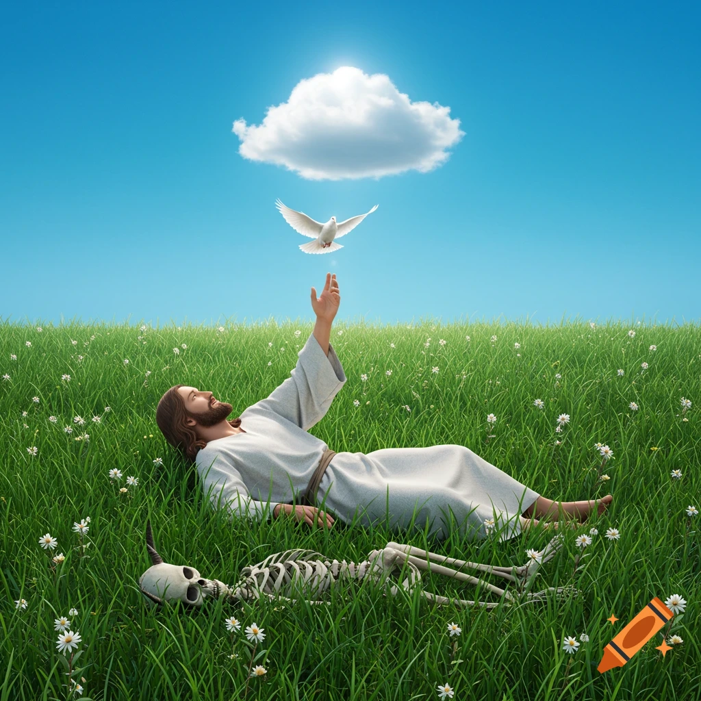 Photorealistic image of Jesus Christ lying in a grassy field, reaching up to a white dove in flight, with a horned skeleton lying nearby.