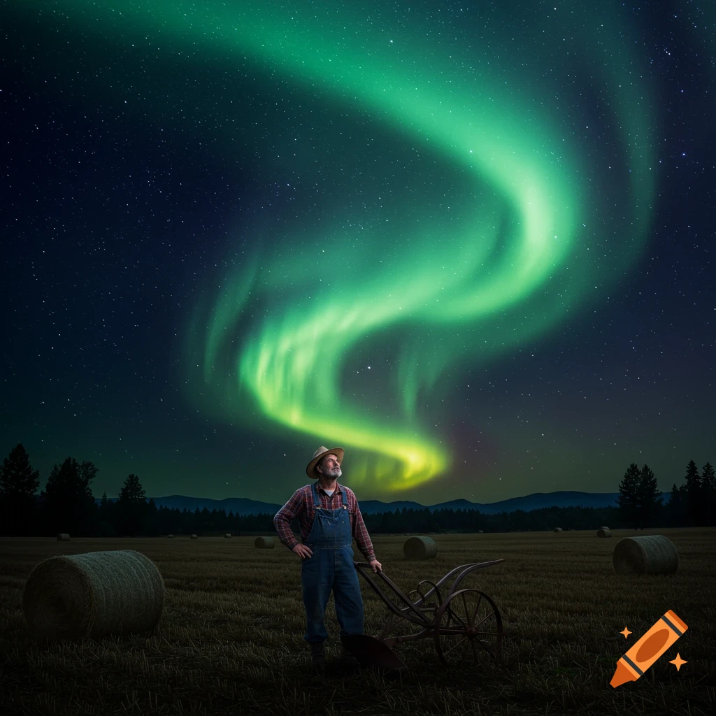 A farmer in a field with a plow looks up at a vibrant green aurora borealis in a starry night sky.