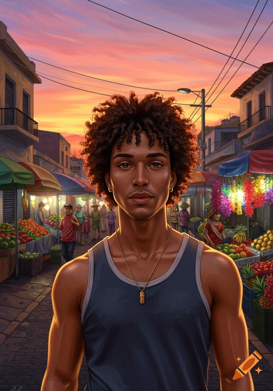 A man with curly hair and a tank top stands in a vibrant outdoor market at sunset, in a digital art style.