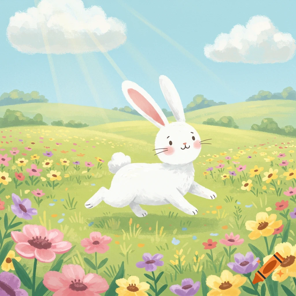 A cute white cartoon rabbit hops through a sunny meadow filled with colorful pastel flowers in a child-friendly art style.