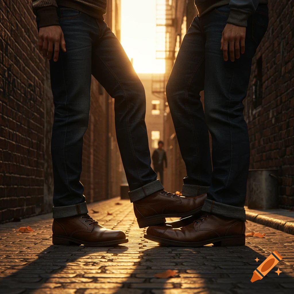 Close-up of two men's legs wearing jeans and brown boots in an alley at sunset, one stepping on the other's boot.