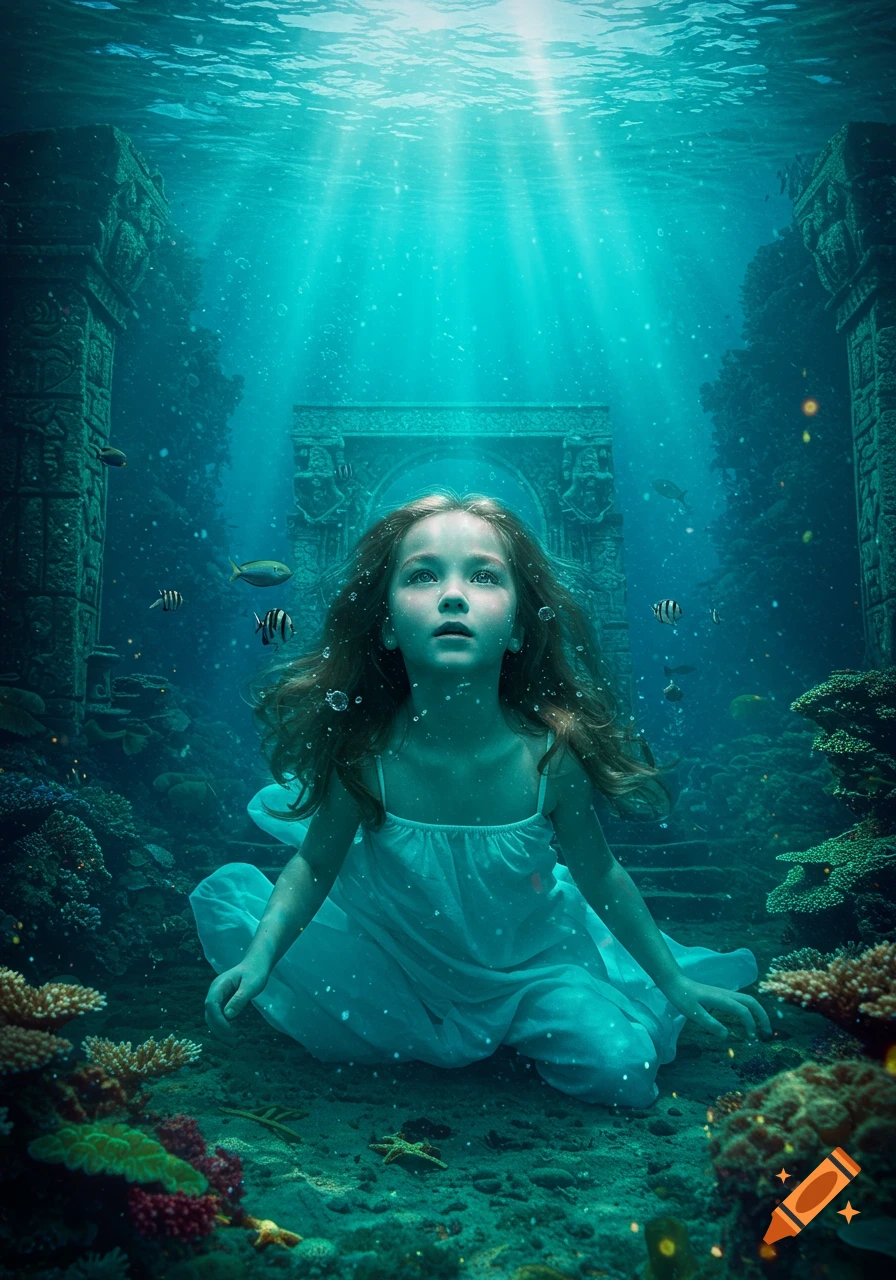 A young girl in a white dress looks up from the bottom of a clear blue ocean, surrounded by ancient ruins, coral, fish, and sunbeams.
