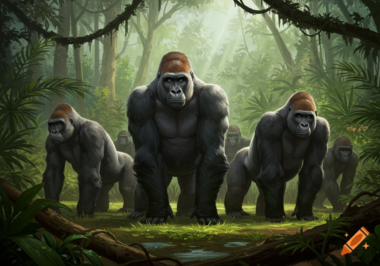 Digital illustration of a group of muscular gorillas in a lush green jungle with sunlight filtering through the trees.