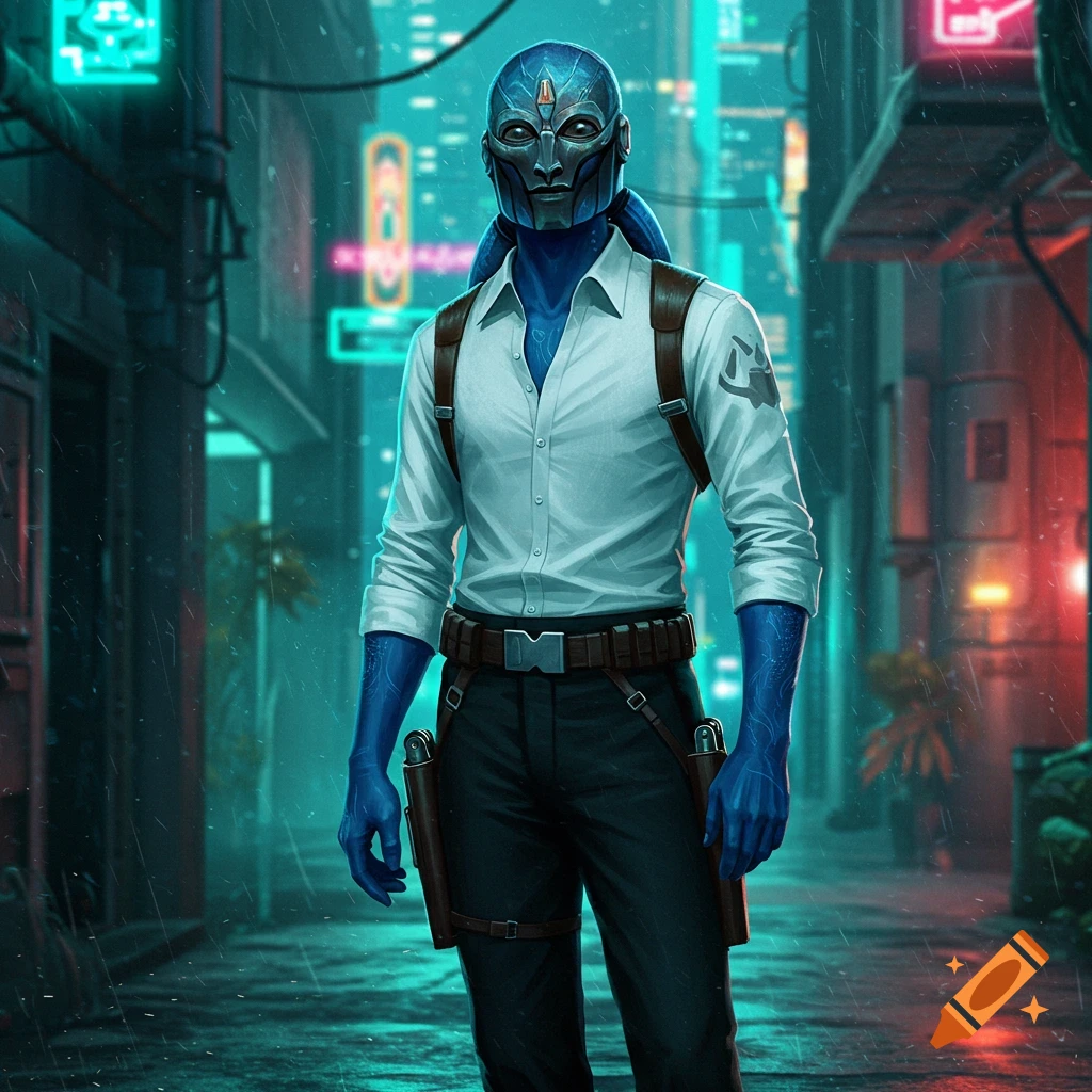 A masked, blue-skinned figure in a white shirt and holsters stands in a rainy cyberpunk city street with neon lights.
