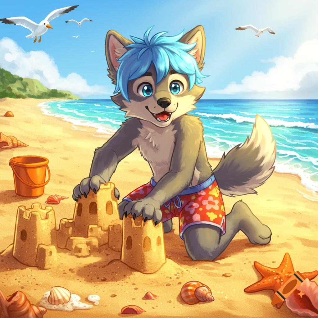 A cute anthropomorphic wolf cub with blue hair builds sandcastles on a sunny beach, wearing swim trunks. 2D art style.