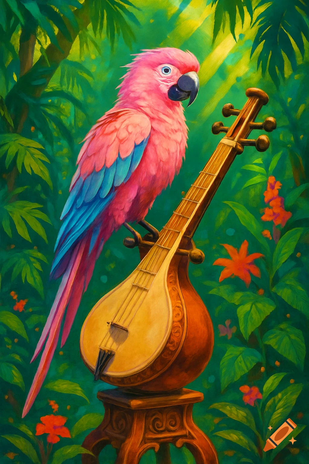Vibrant pink parrot with blue wings perches on a Rabaab in a lush green jungle, painterly style.