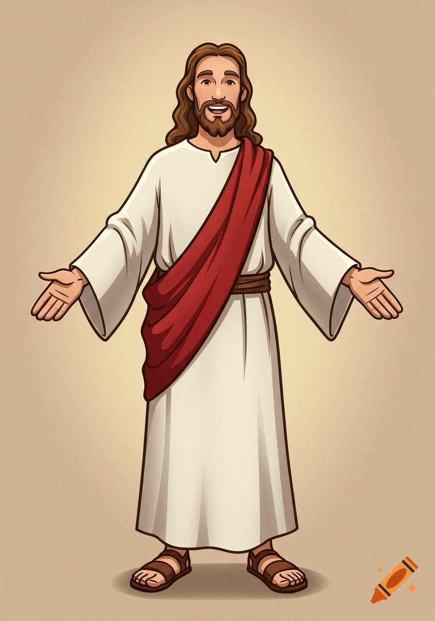 Cartoon illustration of a smiling Jesus with arms open, wearing a white robe, red sash, and sandals.