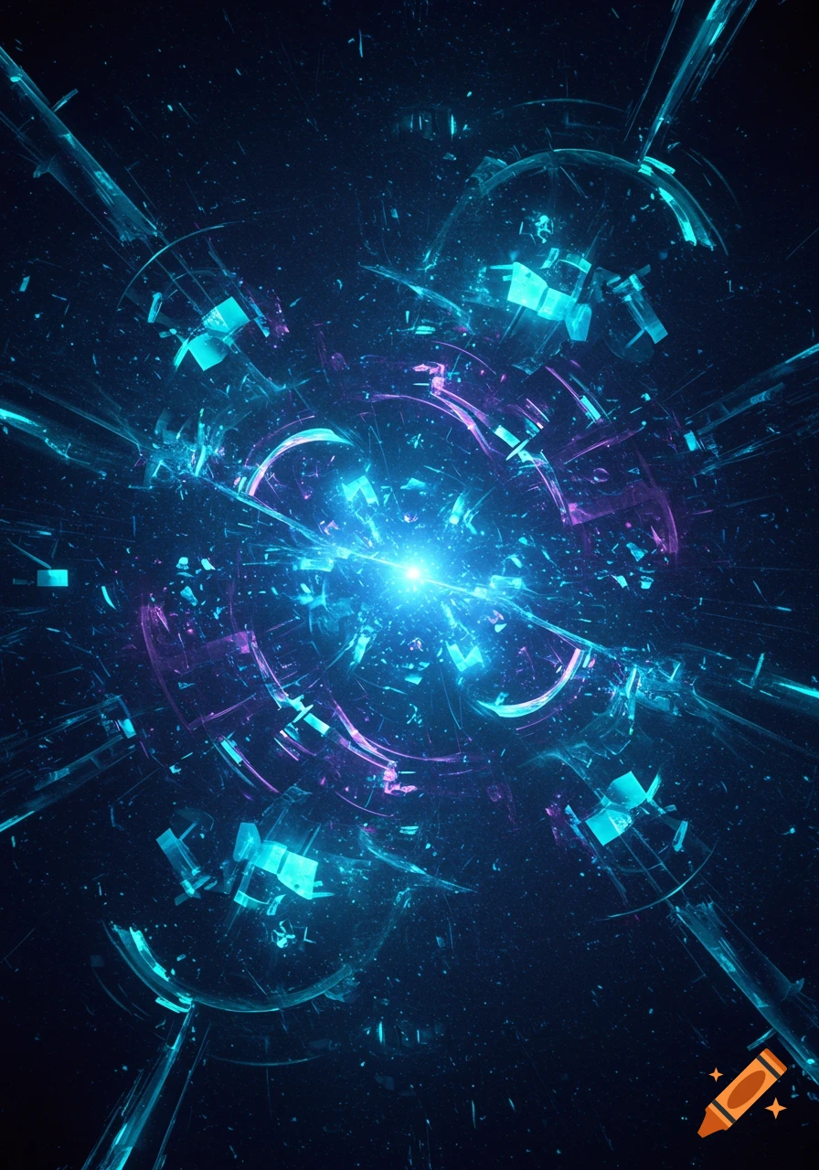 Vibrant blue and purple abstract light explosion with radiating geometric shapes and glowing particles on a dark background, digital art.