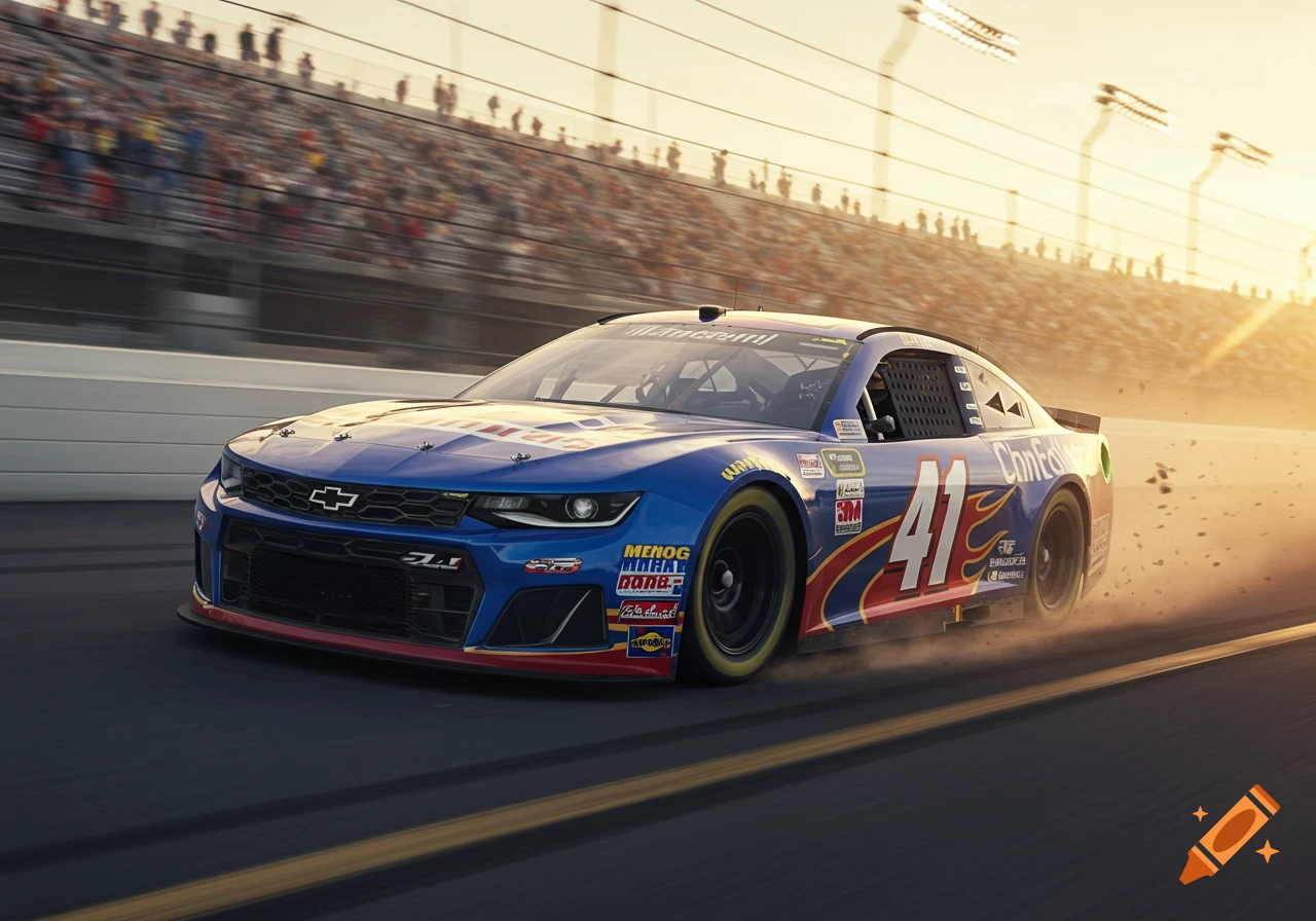 A blue and red NASCAR race car with the number 41 speeds down a track at sunset, with blurred crowds in the background.