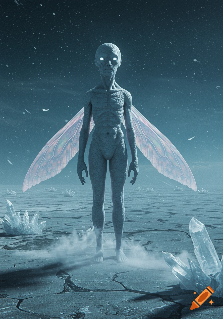 An eerie, gaunt humanoid creature with large translucent wings and glowing eyes stands on a cracked, icy alien landscape with crystals.