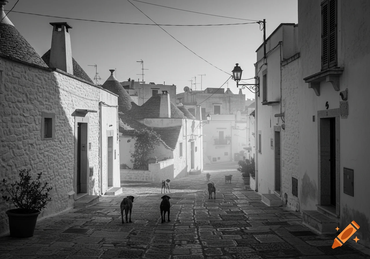 Black and white photo of a quiet cobblestone street in a Southern Italian town with white trullo houses and several stray dogs.