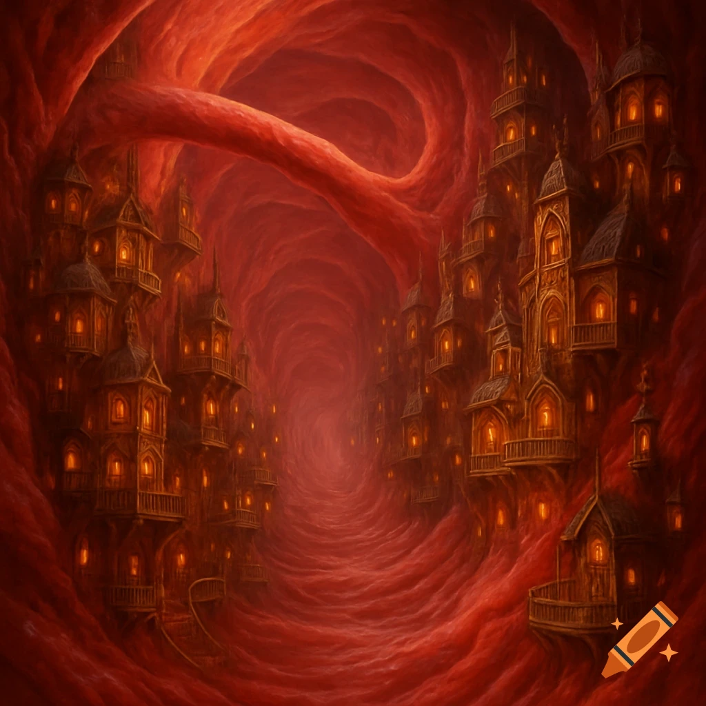 A surreal fantasy city with ornate, glowing buildings lining the organic, red walls of a cavernous blood vessel.