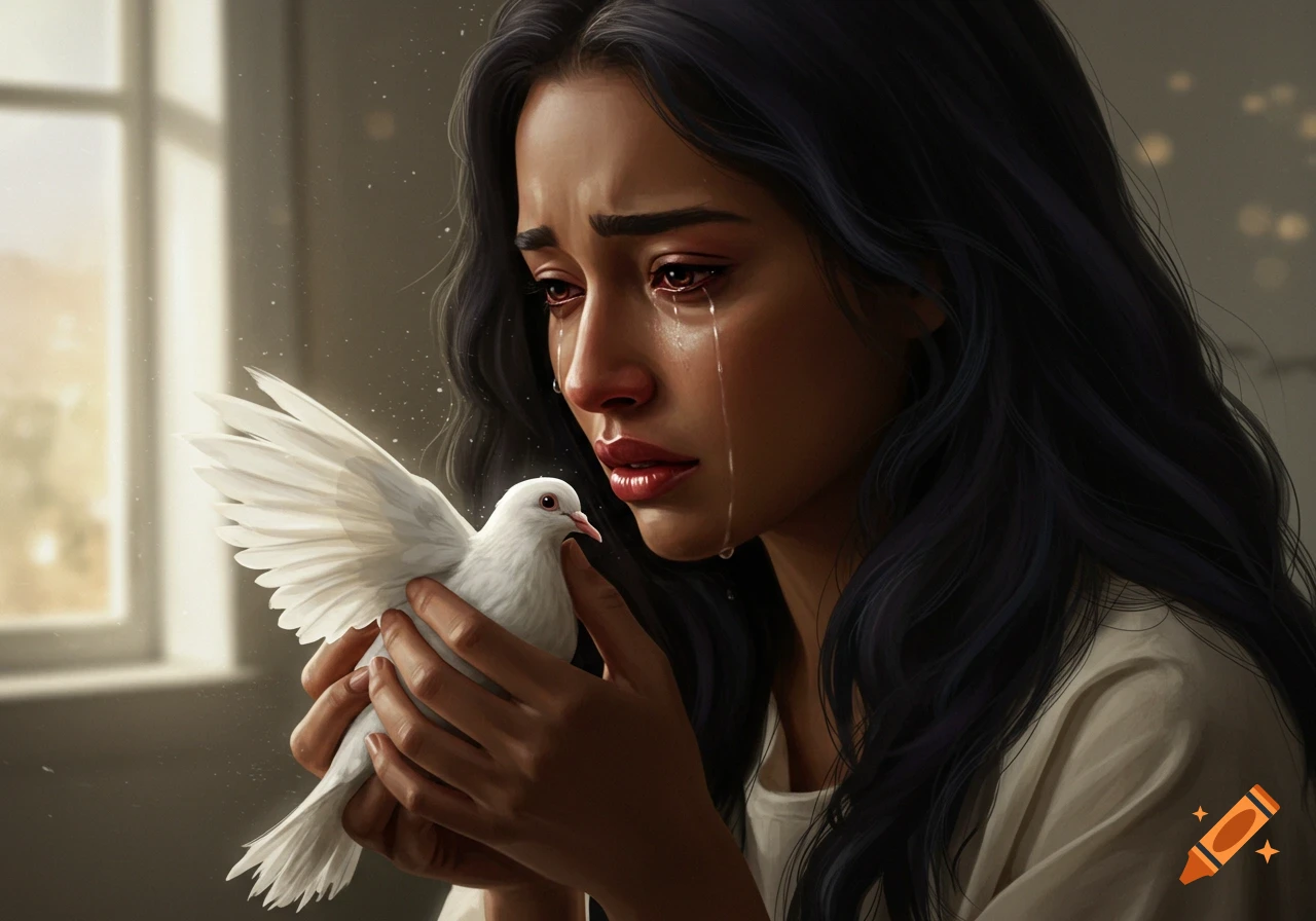 A dark-haired woman cries, holding a white dove, in a realistic digital painting.