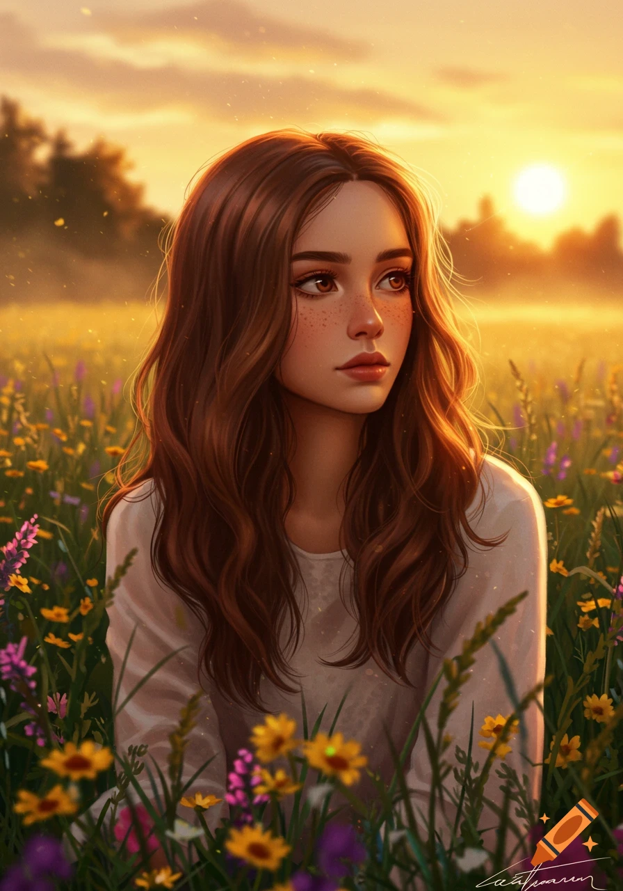 A digital painting of a girl with long brown hair and freckles sitting in a field of wildflowers at sunset.