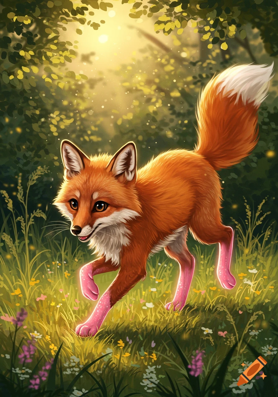 A vibrant illustration of a cute fox with glowing pink legs running through a sunlit forest meadow filled with flowers.