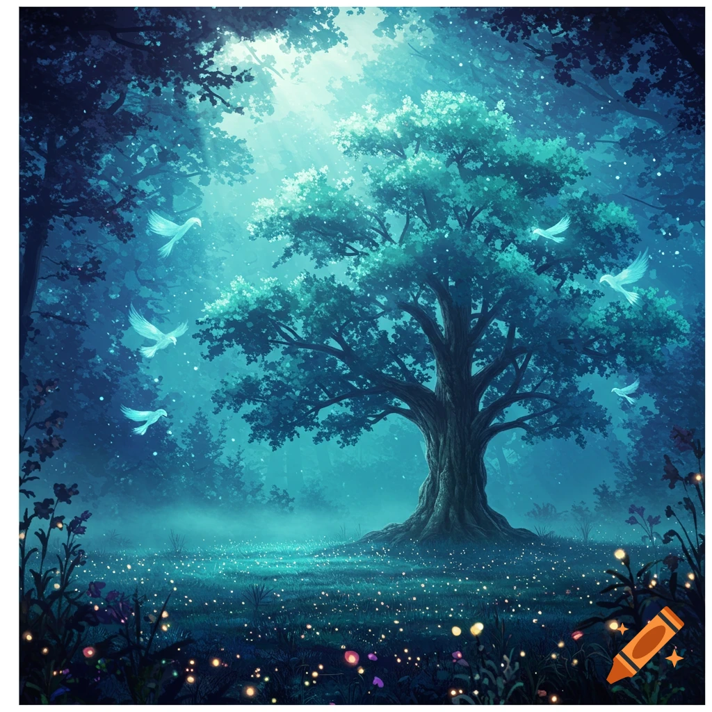 A mystical forest scene at dusk with a large tree, glowing birds flying, and sparkling lights on the ground.