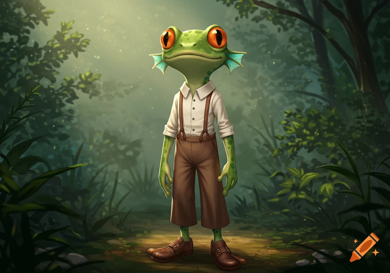 A lanky, green frogperson in a white shirt and brown suspender pants stands in a misty forest, in a high-fantasy illustration.