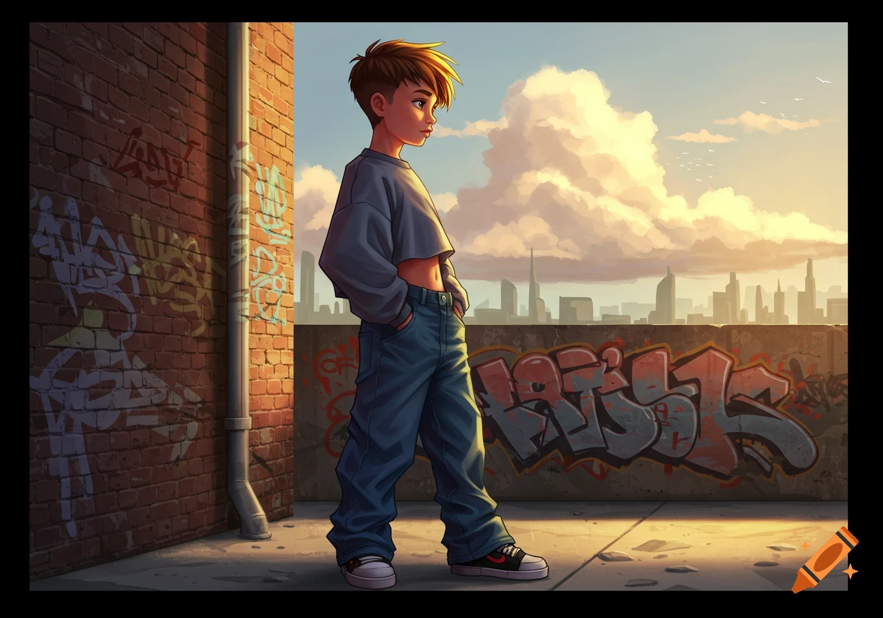 A stylized illustration of a boy in a cropped sweatshirt and baggy jeans standing on a rooftop with graffiti and a city skyline at sunset.