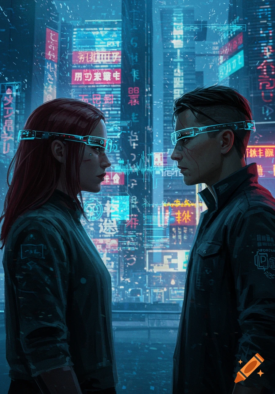 A man and a woman in futuristic glasses face each other in a neon-lit cyberpunk city, digital art.