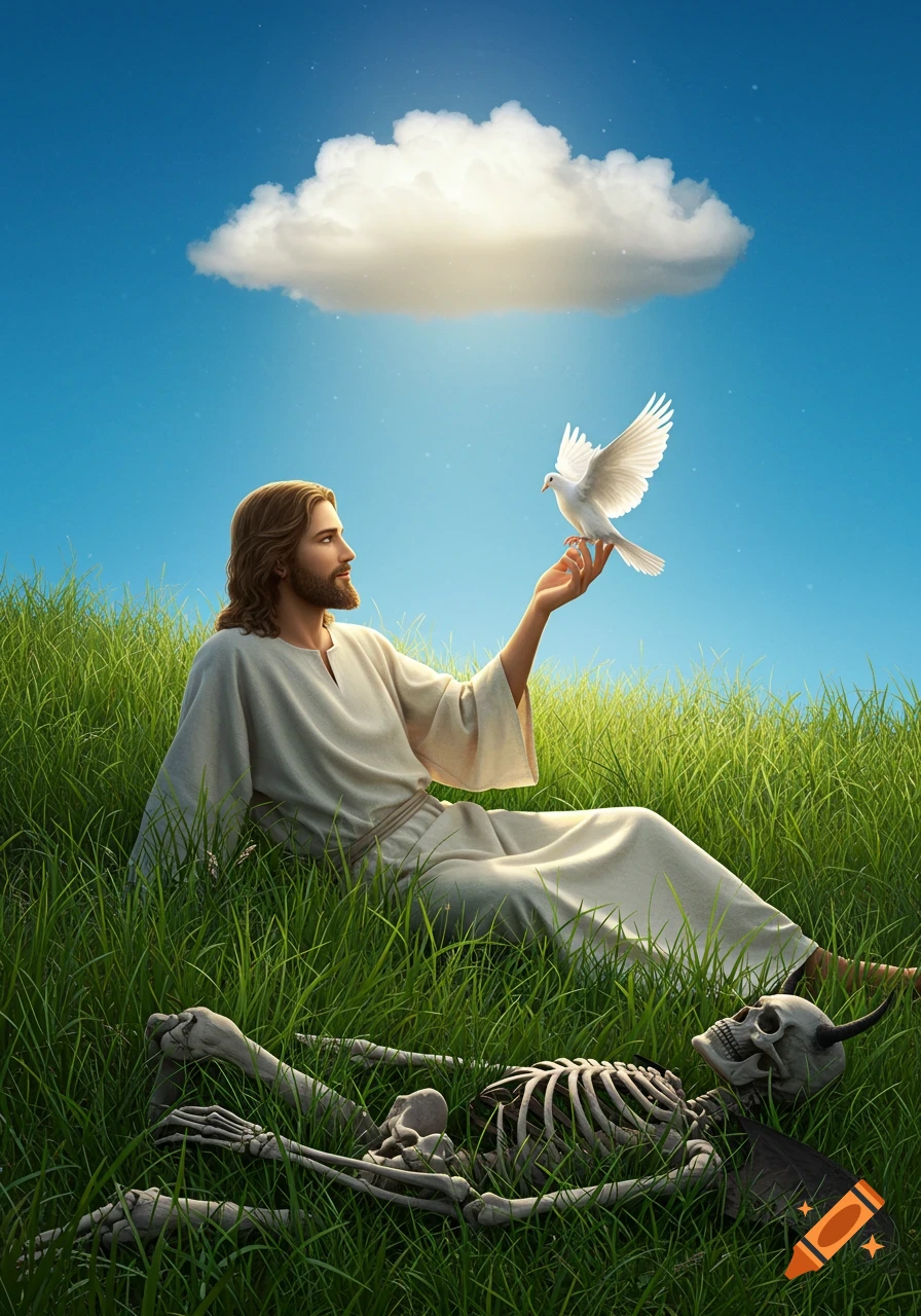 Photorealistic depiction of Jesus in a grassy field holding a white dove, with a skeleton of the defeated devil nearby under a blue sky.