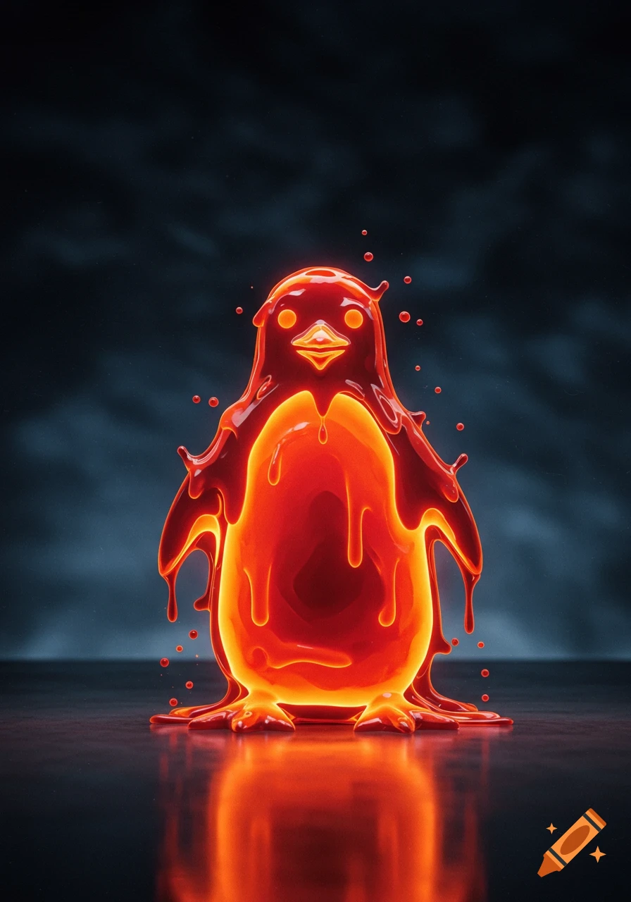 A glowing, melting red and orange penguin figure with drips, reflected on a dark surface against a dark background.