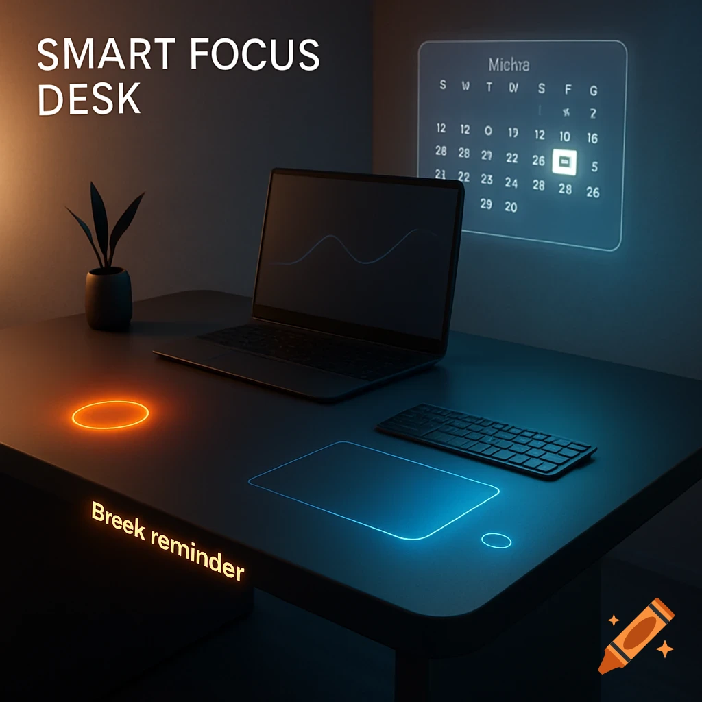 A sleek, futuristic desk with a laptop, glowing orange and blue interfaces, and a projected calendar on the wall.