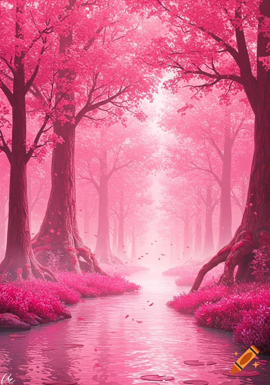 A vibrant pink forest with a river flowing through it, bathed in a soft, ethereal light.